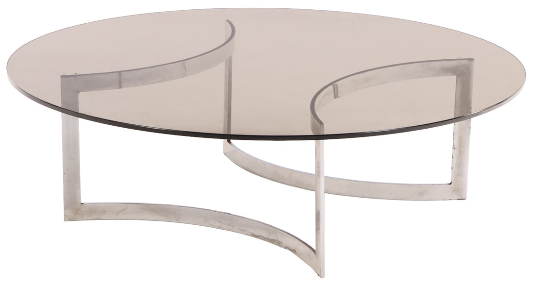 CHROMED IRON COFFEE TABLE C 1970 HAVING A SMOKED GLASS TOP. (1 of 5)