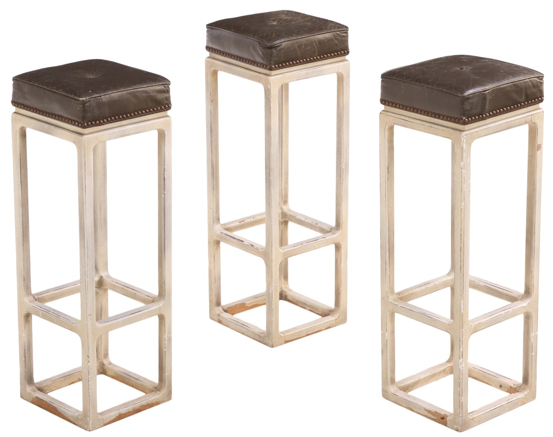 THREE LACQUERED WOOD AND LEATHER BAR STOOLS C 1970. (1 of 4)