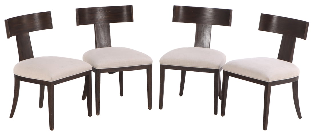 A SET OF FOUR UPHOLSTERED T-BACK KLISMOS SIDE CHAIRS BY RESTORATION HARDWARE. (1 of 5)