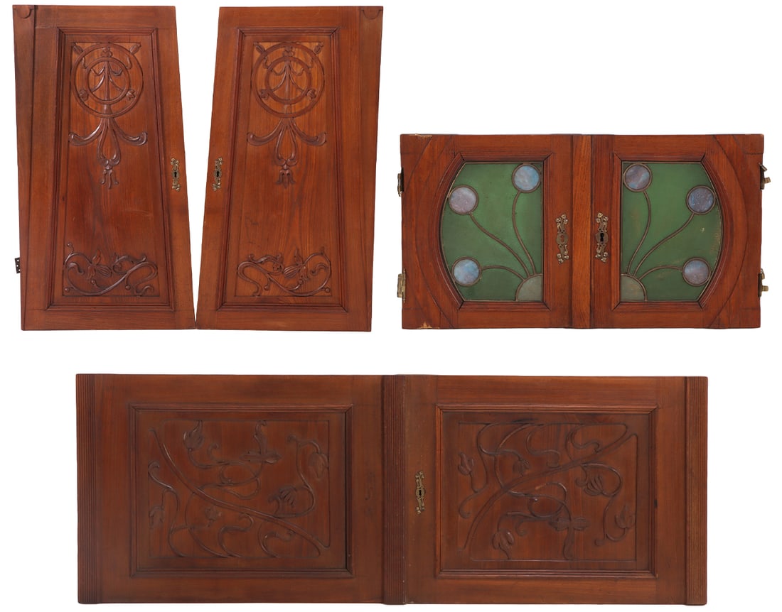 THREE PAIRS OF FRENCH ART NOUVEAU CABINET DOORS C 1910. INCLUDING ONE PAIR OF STAINED GLASS DOORS.: Three pairs of French Art Nouveau cabinet doors C 1910. Including one pair of stained glass doors. Pair 2- Ht: 13, Wd: 12.75", Dpth: 1.25". Pair Ht: 21.5, Wd: 30.5", Dpth: 1.5". Ht: 32.5" Wd: 17.5" Dp