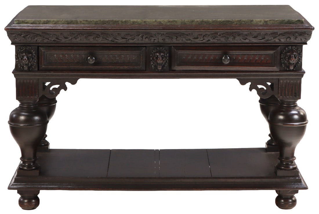 EARLY NINETEENTH CENTURY CARVED OAK MARBLE TOP SERVER HAVING TWO DRAWERS AND LION MASK (1 of 7)