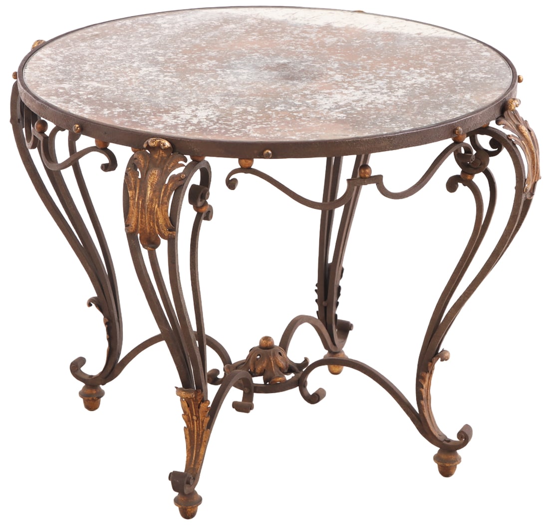 FRENCH GILT WROUGHT IRON TABLE HAVING A MIRRORED TOP C. 1950: French gilt wrought iron table having a mirrored top C. 1950 Ht: 19.5" Wd: 27.5" Dpth: 27.5"