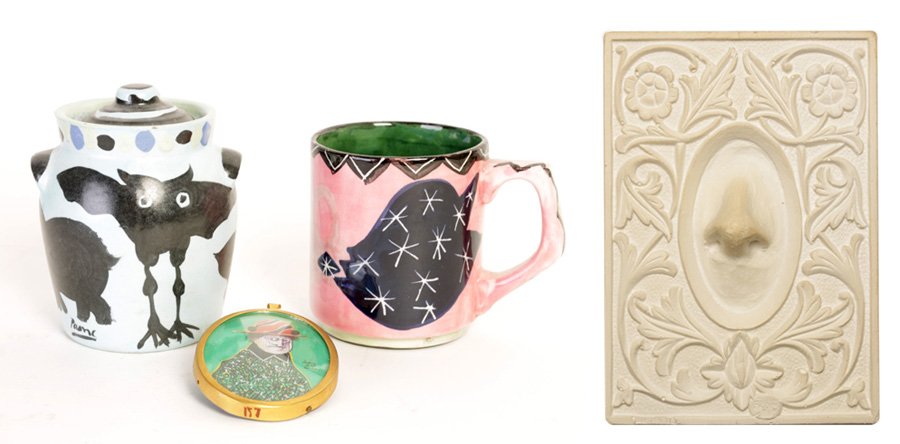 LOT OF 4 ITEMS BY PHILADELPHIA ARTIST PETER PAONE: Four piece lot of late twentieth Century items by Philadelphia artist Peter Paone. Consisting of a ceramic mug dated 1975, a jam jar, a hand painted miniature portrait signed and dated "12/67 London",