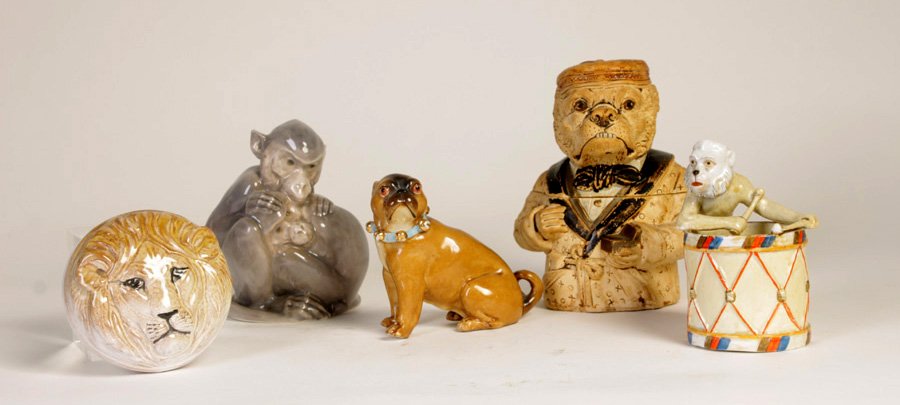 LOT OF 5 EARLY-MID 20TH C. CERAMIC ANIMAL FIGURES: Sweet lot of five early to mid twentieth Century ceramic animal figures. Consisting of German Bisque fired tobacco jar of a bulldog in smoking jacket and Fez (6"), a royal Copenhagen monkey group 1454