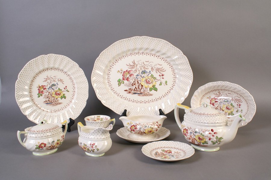167 PIECE DINNER SERVICE ROYAL DOULTON GRANTHAM: A one hundred and sixty seven piece dinner service of Royal Doulton Grantham pattern, circa 1960. Including dinner plates, soup bowls, platters, and coffee service. Ht: 1" Width: 15" Depth: 12" (large