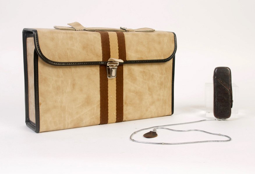 2 PIECE 20TH C. LOT POCKET CAMERA & DRINK CASE: Two piece twentieth Century travelers lot featuring a pocket camera and drink case with flasks. Consisting of: a fine Minox Wetzlar mini pocket camera with leather case (make in Germany), and a generi