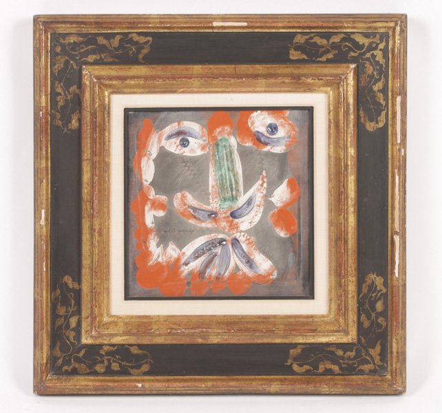 PABLO PICASSO PAINTED & GLAZED EARTHENWARE PLATE: Pablo Picasso (Spanish/French, 1881-1973) A painted and glazed framed earthenware plate, stamped en verso. Stamped "Empreinte Originale de Picasso, Madoura Plein Feu" en verso, edition 19/100. Ht: 8.7