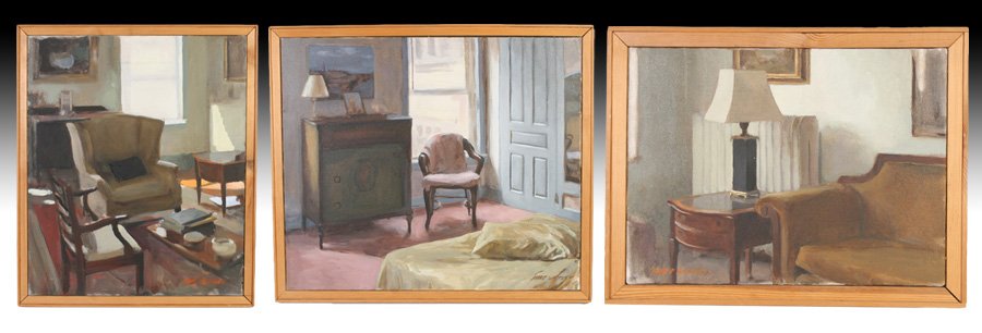MARC WHITNEY 3 SIGNED OIL CANVAS INTERIOR SCENES: Marc Whitney (California, B. 1955) Three signed oil on canvas paintings of interior scenes. Ht: 24" Width: 28" (largest framed size)