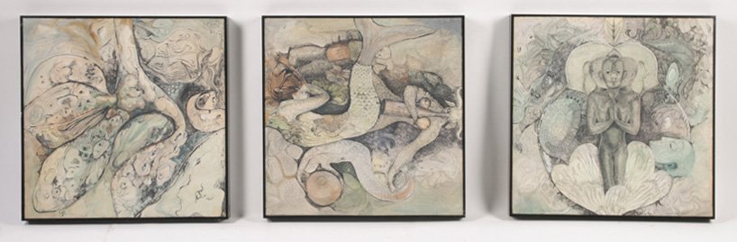MADLI KIRCHHOFF 3 SIGNED MIXED MEDIA DRAWINGS: Madli Kirchhoff (Estonian/American 1925-2012) Three mixed media abstract drawings, each signed lower right, circa 1975. Titled "Man Is", "And More", and "What He Eats". Ht: 22.5" Width: 22.5" (framed 