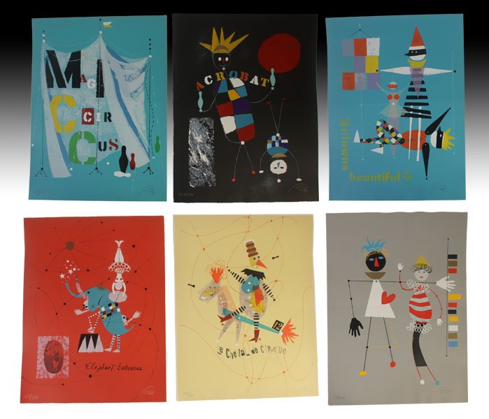 WOLFGANG ROTH 6 SIGNED COLORED SCREEN PRINTS: Wolfgang Roth (German/American, 1910-1988) A collection of six colored screen prints, each hand signed and numbered from an edition of 250. Each having circus themes. Ht: 24" Width: 19" (unframed)