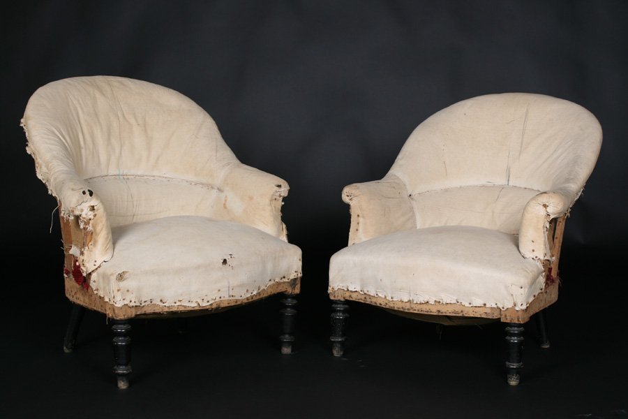 PAIR FRENCH NAPOLEON III CHAIRS CIRCA 1900: A pair of French Napoleon III chairs having arched back and continuous arms raised on turned legs, circa 1900. Ht: 31" Width: 24.5" Depth: 24"