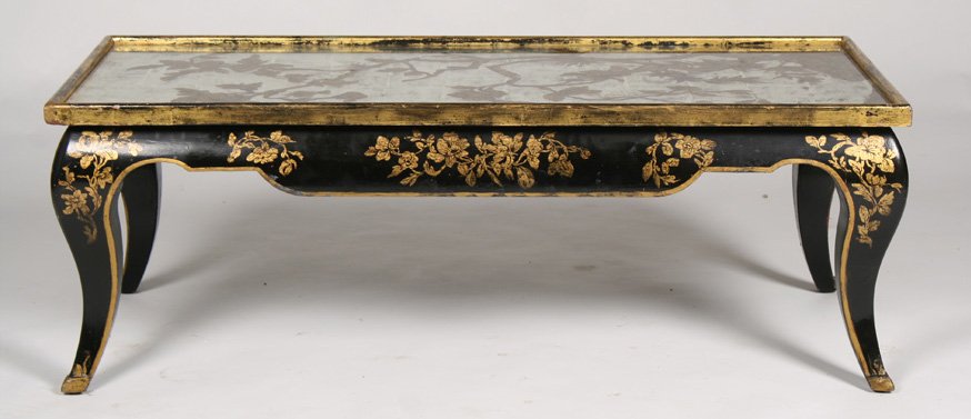 EGLOMISE SILVER & GOLD GILT COFFEE TABLE: Eglomise silver and gold gilt reverse decorated coffee table having chinoiserie decorated shaped apron supported on cabriole legs. Ht: 17" Width: 48" Depth: 22"