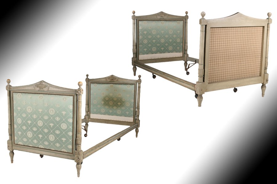PAIR OF FRENCH DIRECTOIRE STYLE DAY BEDS C.1920: A good pair of French Directoire style carved and painted day beds, circa 1920. Each having pediment and shaped decoration above upholstered panel flanked by turned columns. Ht: 44" Width: 76" Depth: 