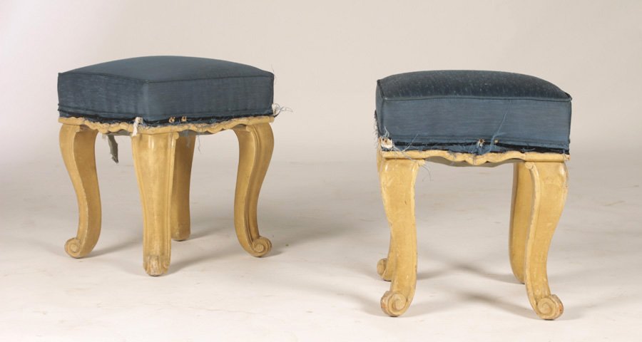 PAIR OF FRENCH CARVED & PAINTED STOOLS CIRCA 1940: A pair of French carved and painted stools having upholstered seats supported on cabriole legs, circa 1940. Ht: 19" Width: 15" Depth: 15"
