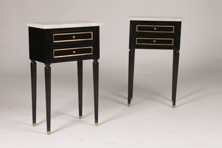 PAIR OF EBONIZED & BRONZE JANSEN STYLE STANDS: Pair of ebonized and bronze mounted Jansen style marble top two drawer stands circa 1950. Ht: 26" Width: 16" Depth: 10"