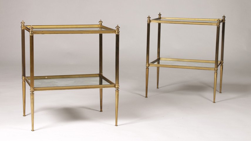 PAIR OF BRASS & MIRROR DIRECTOIRE STYLE TABLES: Pair of brass and mirror Directoire style two tier tables circa 1950. Ht: 22.5" Width: 19" Depth: 16"