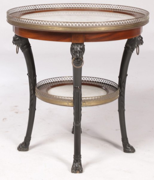 RUSSIAN STYLE JANSEN MAHOGANY GUERIDON TABLE: A Russian style Jansen round mahogany gueridon table with inset white marble tops and bronze galleries circa 1950. Dimensions: Ht: 25" Width: 25" Depth: 25"
