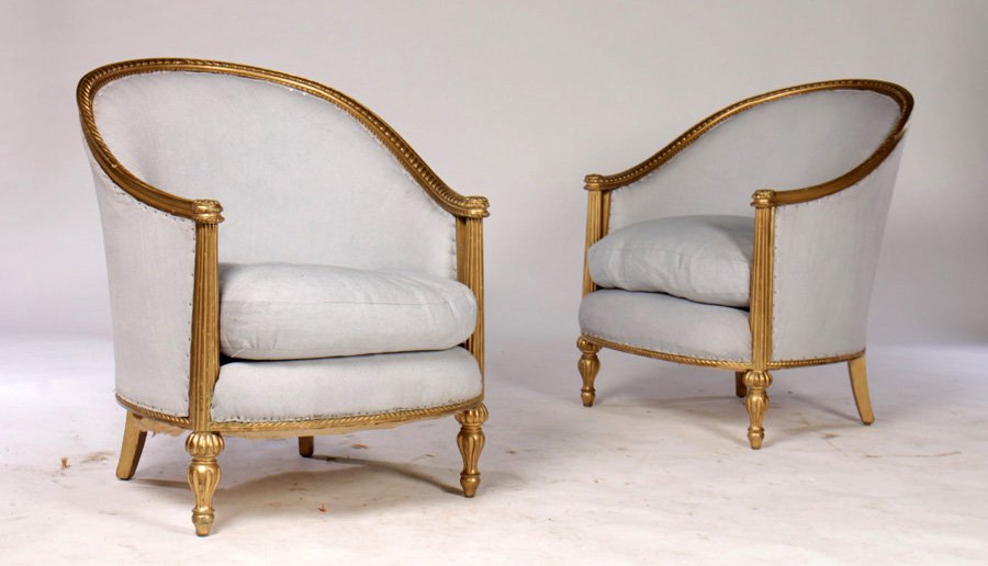 PAIR OF ART DECO GILT WOOD CLUB CHAIRS C.1930: A pair of Art Deco gilt wood club chairs with loose cushion seats circa 1930. Dimensions: Ht: 32" Width: 27" Depth: 32"