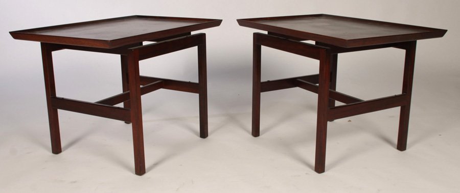 PAIR OF LABELED JENS RISOM ROSEWOOD SIDE TABLES: A pair of labeled Jens Risom rosewood side tables, each having tray tops supported on straight legs with stretchers circa 1960. Ht: 22" Width: 30" Depth: 27"