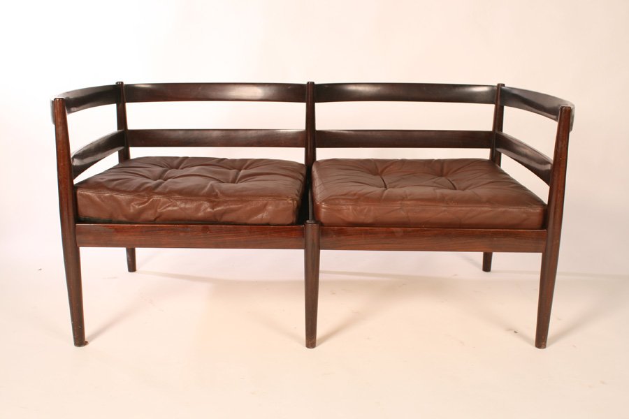 RARE DANISH MODERN ROSEWOOD 2-SEAT SETTEE: Rare Danish modern rosewood two seat settee with double curved back and removable leather cushions, circa 1960. Ensuite with the previous two lots. Ht: 24.5" Width: 54" Depth: 27.5"