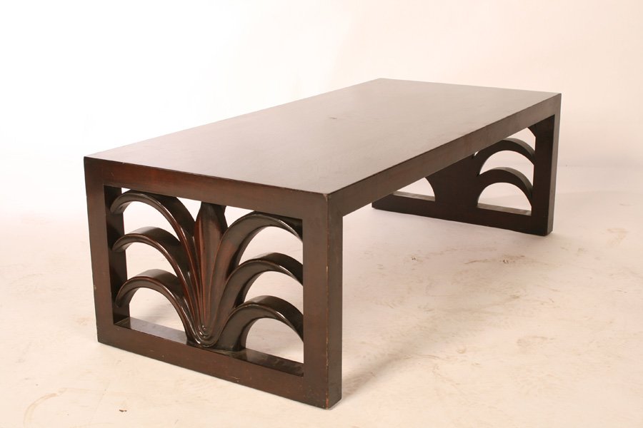 LABELED WIDDICOMB ROBSJOHN-GIBBINGS COFFEE TABLE: A twentieth Century Widdicomb Robsjohn-Gibbings coffee table having stylized foliate ends. Ht: 16" Width: 48" Depth: 22"
