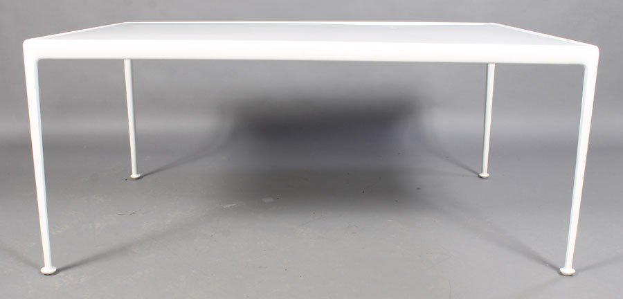 RICHARD SCHULTZ DINING TABLE WHITE ENAMEL: A Richard Schultz dining table having white enameled top supported on cast aluminum base. Ht: 26" Width: 60" Depth: 37.5"