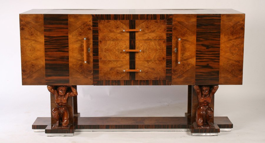 BURL WALNUT ROSEWOOD ART DECO FIGURAL SIDEBOARD: Burl walnut and rosewood Art Deco figural sideboard circa 1925. Ht: 42" Width: 73" Depth: 21"