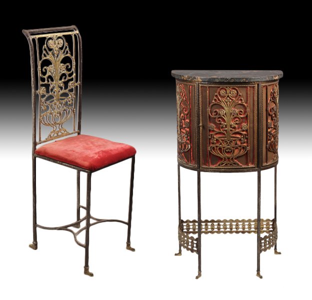 OSCAR BACH DEMILUNE BRONZE CABINET CHAIR 1920: Oscar Bach demilune bronze and wrought iron telephone table and chair circa 1920. The table having marble top over ornate single door and matching side panels. Supported on straight legs with stylized