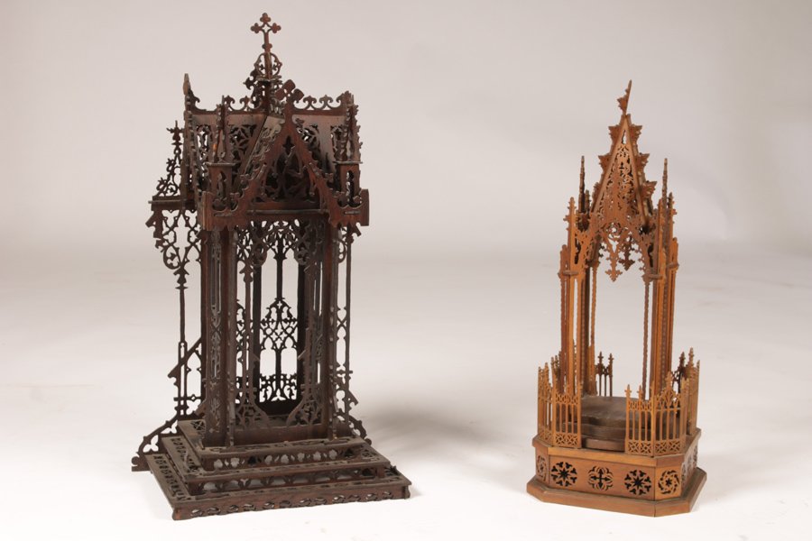 2 VITRINE FRETWORK SPIRE FORM ALTARS CIRCA 1890: Two vitrine fretwork spire form altars, each having extensive pierced decoration circa 1890. Ht: 30" Width: 16" Depth: 10.5"