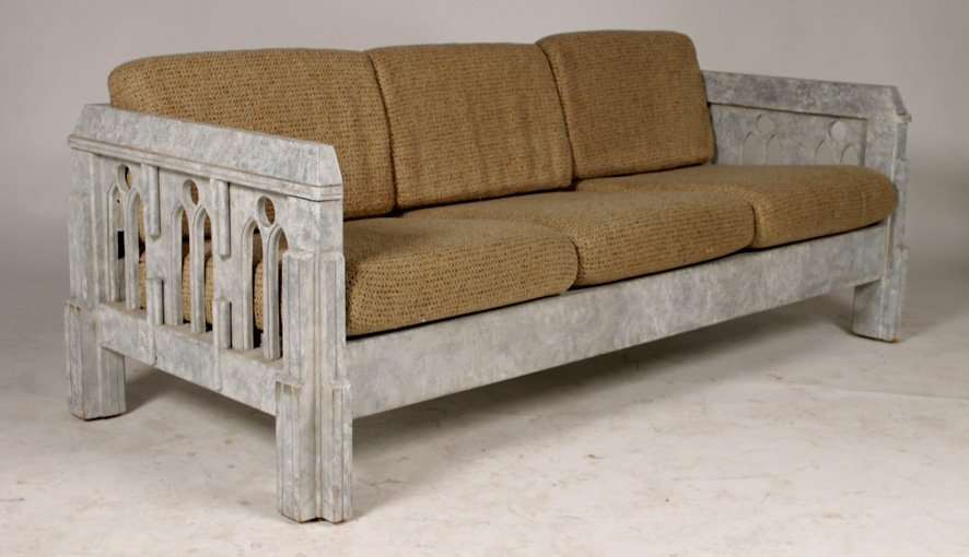 GOTHIC STYLE PAINTED & CARVED SETTEE: Interesting Gothic style painted and carved settee having faux finish and pierce carved arches. Ht: 26" Width: 73" Depth: 30.5"