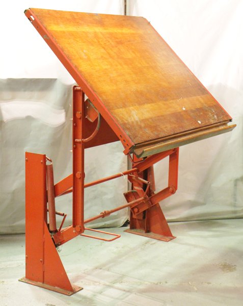 INDUSTRIAL METAL ARCHITECHTS TABLE C 1920: A vintage industrial metal architect's desk having adjustable wood top over mechanical base, circa 1920. Ht: 46" Width: 48" Depth: 41"