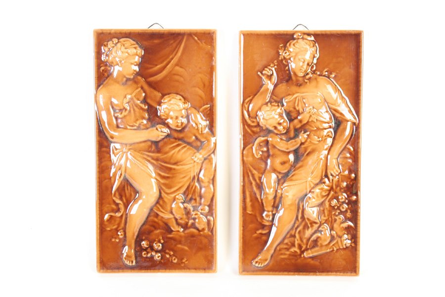 PAIR OF MINTON FIGURAL TILES CIRCA 1890: A good pair of Minton figural tiles circa 1900. Ht: 12" Width: 6"