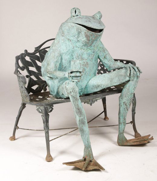 VERDIGRIS COPPER SEATED FROG GARDEN SCULPTURE: Whimsical verdigris copper seated frog garden sculpture having large smile and holding a can of beer. Seated on cast aluminum bench. Ht: 42" Width: 24" Depth: 27"