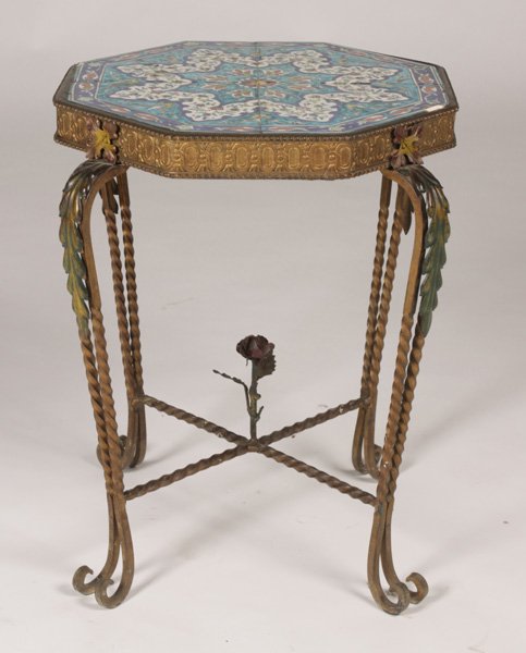 VINTAGE WROUGHT IRON TILE TOP SIDE TABLE C.1930: A good vintage wrought iron tile top side table circa 1930. Having Turkish octagonal inset tiles and ornate apron supported on acanthus decorated cabriole legs with floral decorated stretcher. Ht: 21"