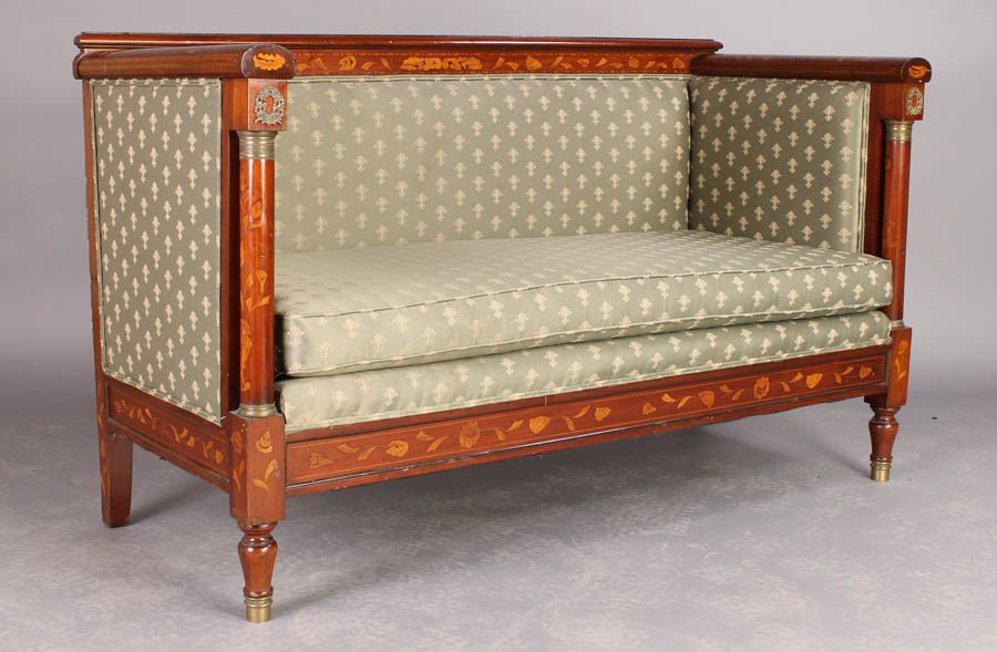 DUTCH MARQUETRY SETTEE BRONZE MOUNTS: A highly decorated Dutch marquetry settee with exquisitely shaded foliate inlay and bronze mounts circa 1890. Ensuite with the following lot. Ht: 36" Width: 60" Depth: 27"