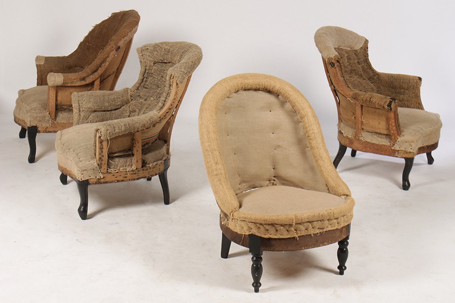4 FRENCH BURLAP UPHOLSTERED CHAIRS NAP 3 SLIPPER: A lot of four French burlap upholstered chairs including a Napoleon III slipper chair and three bergere chairs circa 1890. Ht: 33" Width: 31" Depth: 22"
