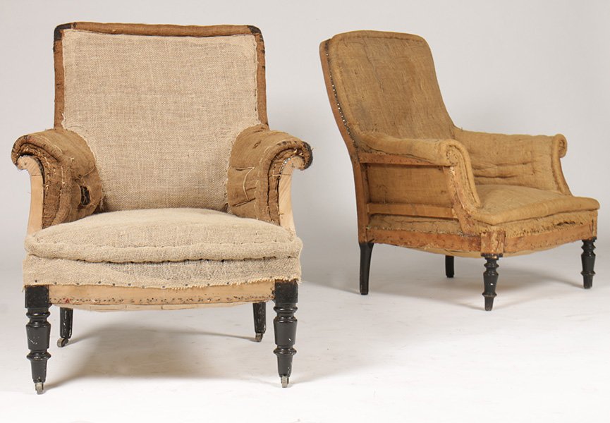 PR NAP III BERGERE CHAIRS TAILORED BACKS: A pair of Napoleon III style bergere chairs having tailored backs and rolled arms raised on turned legs circa 1890. Ht: 36" Width: 32" Depth: 25"