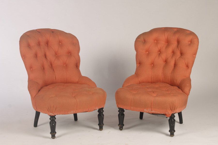 PR NAP III SLIPPER CHAIRS TUFTED BACK AND SEAT: A pair of Napoleon III slipper chairs having tufted back and seat raised on turned legs circa 1910. Ht: 32" Width: 22" Depth: 20"