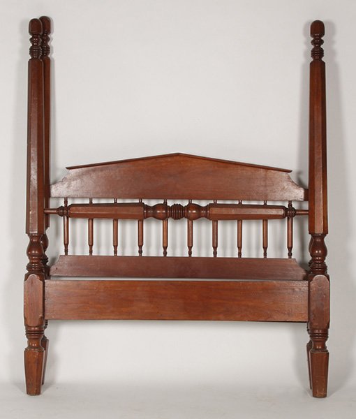 4 POSTER BED PEDIMENT BALUSTER HEADBOARD: A four poster bed having pediment and turned baluster decorated headboard circa 1920. Ht: 74" Width: 59"