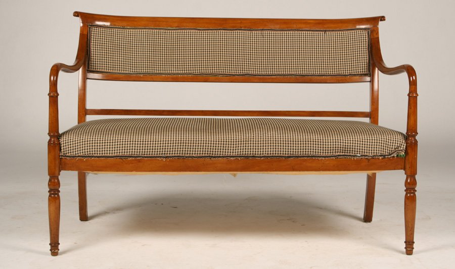 BIEDERMEIER STYLE OPEN ARM SETTEE: Biedermeier style open arm settee with shaped back and turned legs. Ht: 31" Width: 48" Depth: 22"