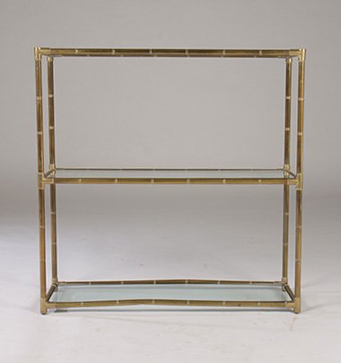 FAUX BAMBOO BRONZE SOFA TABLE CIRCA 1940: A faux bamboo bronze sofa table circa 1940. Having three glass shelves. Ht: 35" Width: 34.5" Depth: 11"