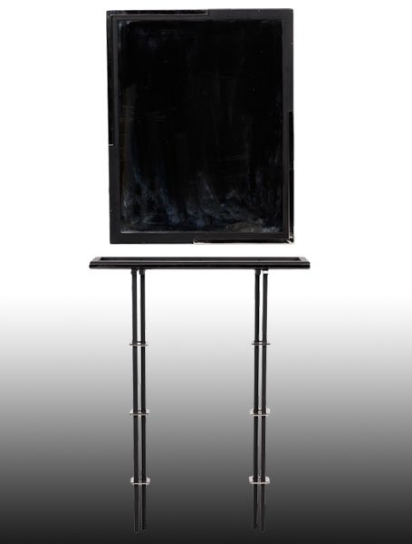 MODERN BLACK METAL CHROME CONSOLE WITH MIRROR: A mid century modern black metal and chrome console table having matching mirror. Ht: 35.5" Width: 27.5" Depth: 8"