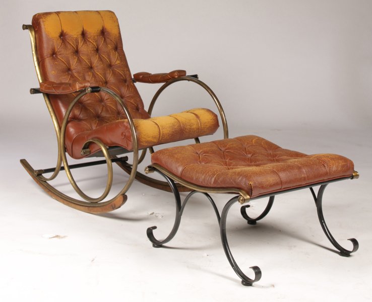 WOODARD MIDCENTURY CHROME PLATED ROCKER & OTTOMAN: Interesting labeled Woodard mid century chrome and brass plated rocker and matching ottoman circa 1960. Ht: 36" Width: 27.5" Depth: 38"