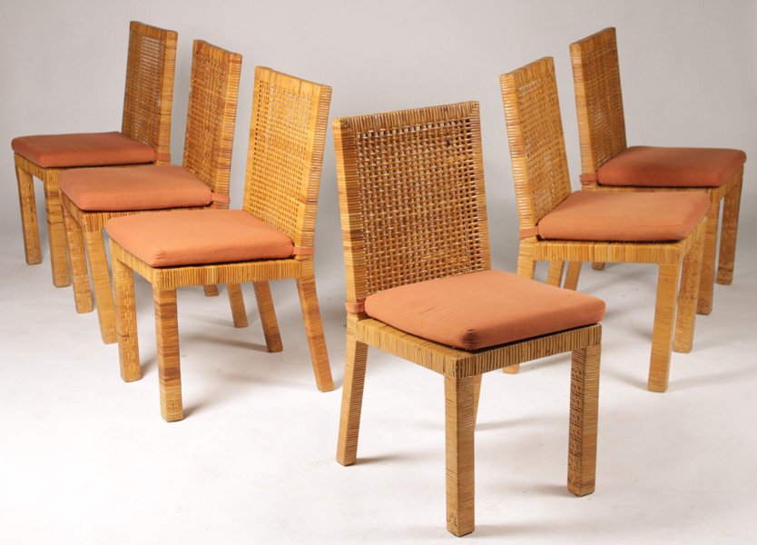 SET 6 WOVEN SPLIT REED DINING CHAIRS: A set of six woven split reed dining chairs attributed to Billy Baldwin. Ht: 35" Width: 16.5" Depth: 18"