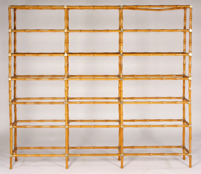 MODERN ITALIAN BRASS ETEGERE: A mid century modern Italian brass and turned element etegere circa 1970. Lacking shelves. Ht: 74" Width: 82" Depth: 12"