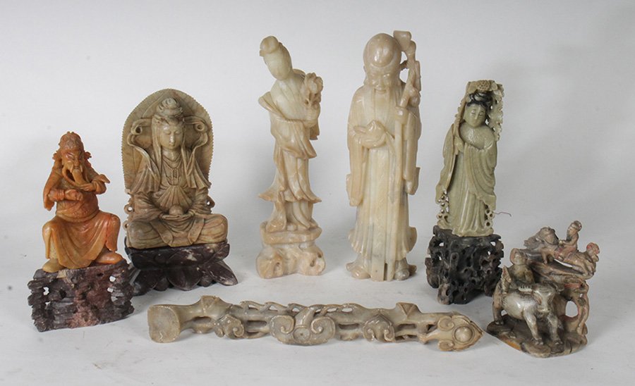 GREAT 7 PC SOAPSTONE COLLECTION FIGURES SCEPTRE: Great seven piece soapstone collection featuring six finely carved figures and sceptre circa 1900-1920. Ht: 12" (tallest)