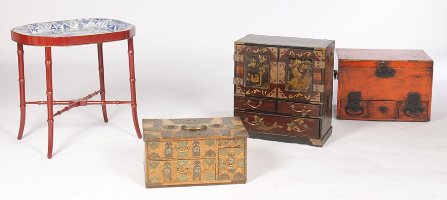 4 PIECE LOT -3 ASIAN CABINETS & DAVENPORT TRAY: A four piece lot including three Asian cabinets with a blue and white marbled davenport tray table. All cabinets retaining metal adornment. Ht: 19" Width: 17.5" Depth: 9"