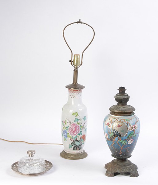 ESTATE LOT CHINESE PORCELAIN TABLE LAMP: An estate lot including a Chinese porcelain table lamp and a painted porcelain oil lamp together with a silver overlaid butter dish. Largest Ht: 18"
