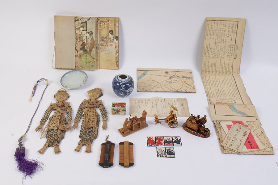 ESTATE LOT ASIAN ETHNOGRAPHIC ITEMS BALINESE: Estate lot Asian and Ethnographic items, including two Balinese figures, Japanese items, and porcelain. Various sizes.