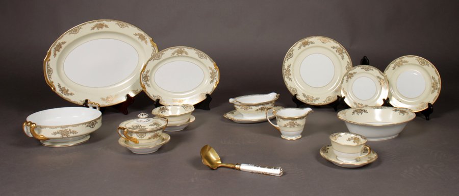 98 PC SET NORITAKE CHINA BARBIZAN PATTERN: Ninety-eight piece set of Noritake china in the Barbizan pattern #7292, along with a French porcelain handled ladle circa 1950. Ht: 1.34" Width: 16" Depth: 12" (Platter)